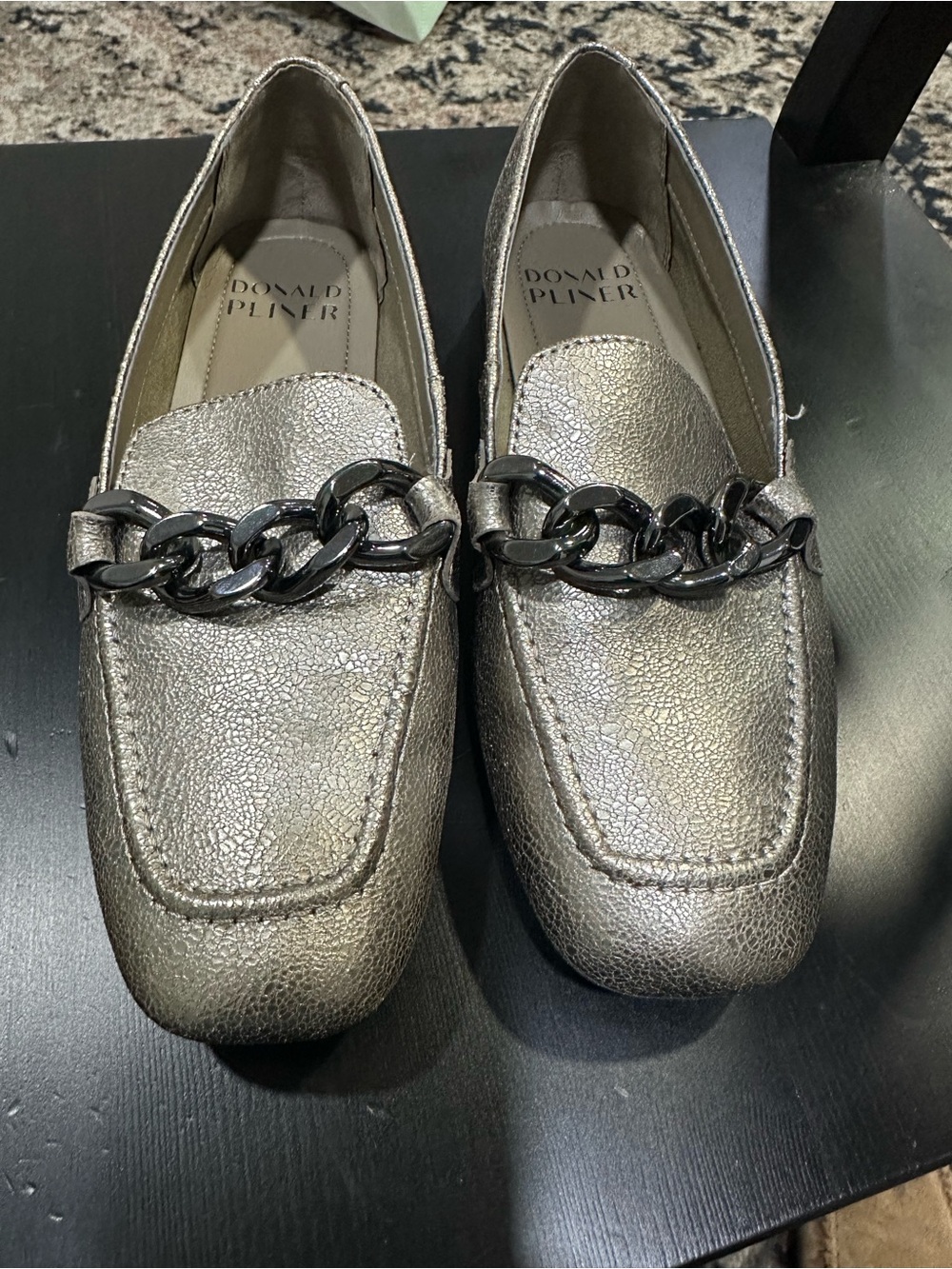 Donald J. Pliner Metallic Silver Chain-Trim Loafers